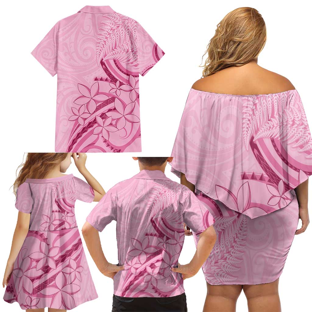 Aotearoa Maori Family Matching Off Shoulder Short Dress and Hawaiian Shirt Pink Fern Ribbons - Polynesian Pride
