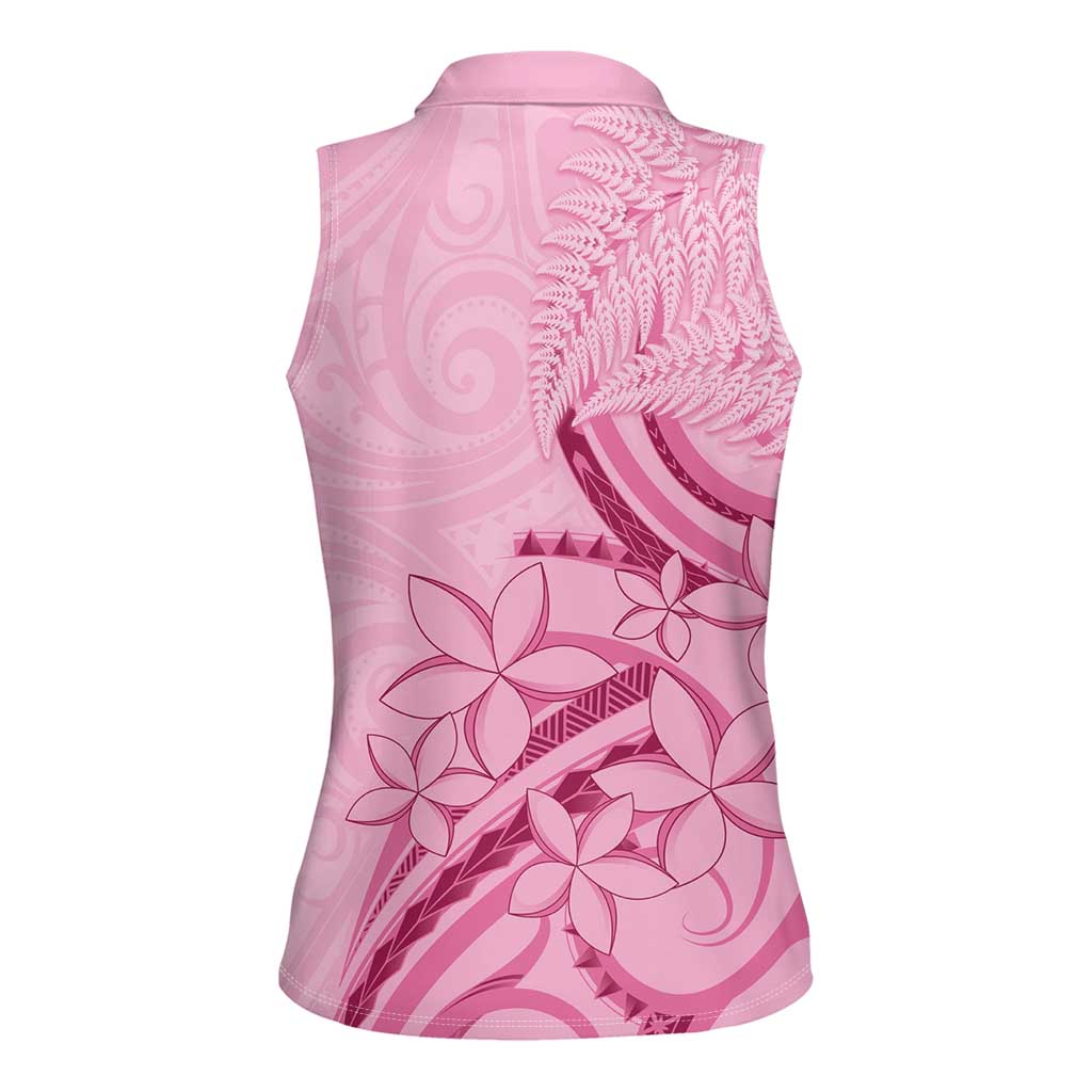 Aotearoa Maori Women Sleeveless Polo Shirt Pink Fern Ribbons - Polynesian Pride