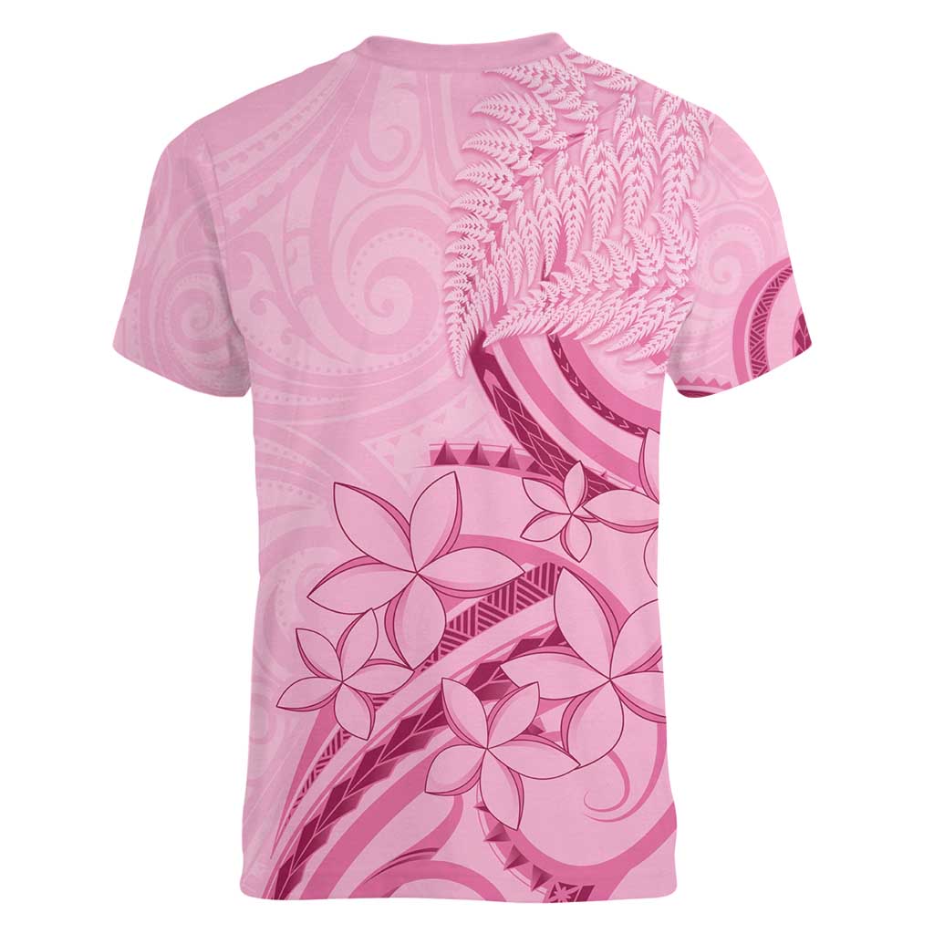 Aotearoa Maori Women V-Neck T-Shirt Pink Fern Ribbons - Polynesian Pride