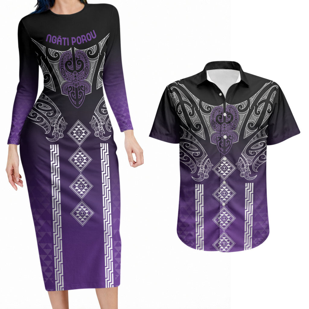 Aotearoa Maori Iwi Heritage Couples Matching Long Sleeve Bodycon Dress and Hawaiian Shirt Ngati Porou Waiporoporo