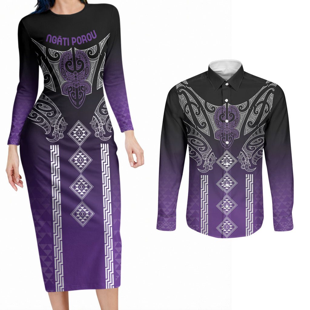 Aotearoa Maori Iwi Heritage Couples Matching Long Sleeve Bodycon Dress and Long Sleeve Button Shirt Ngati Porou Waiporoporo