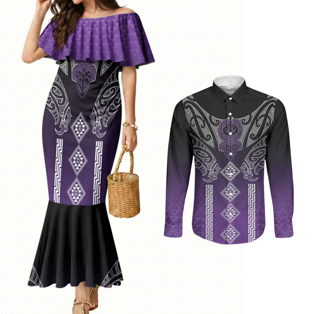 Aotearoa Maori Iwi Heritage Couples Matching Mermaid Dress and Long Sleeve Button Shirt Ngati Porou Waiporoporo