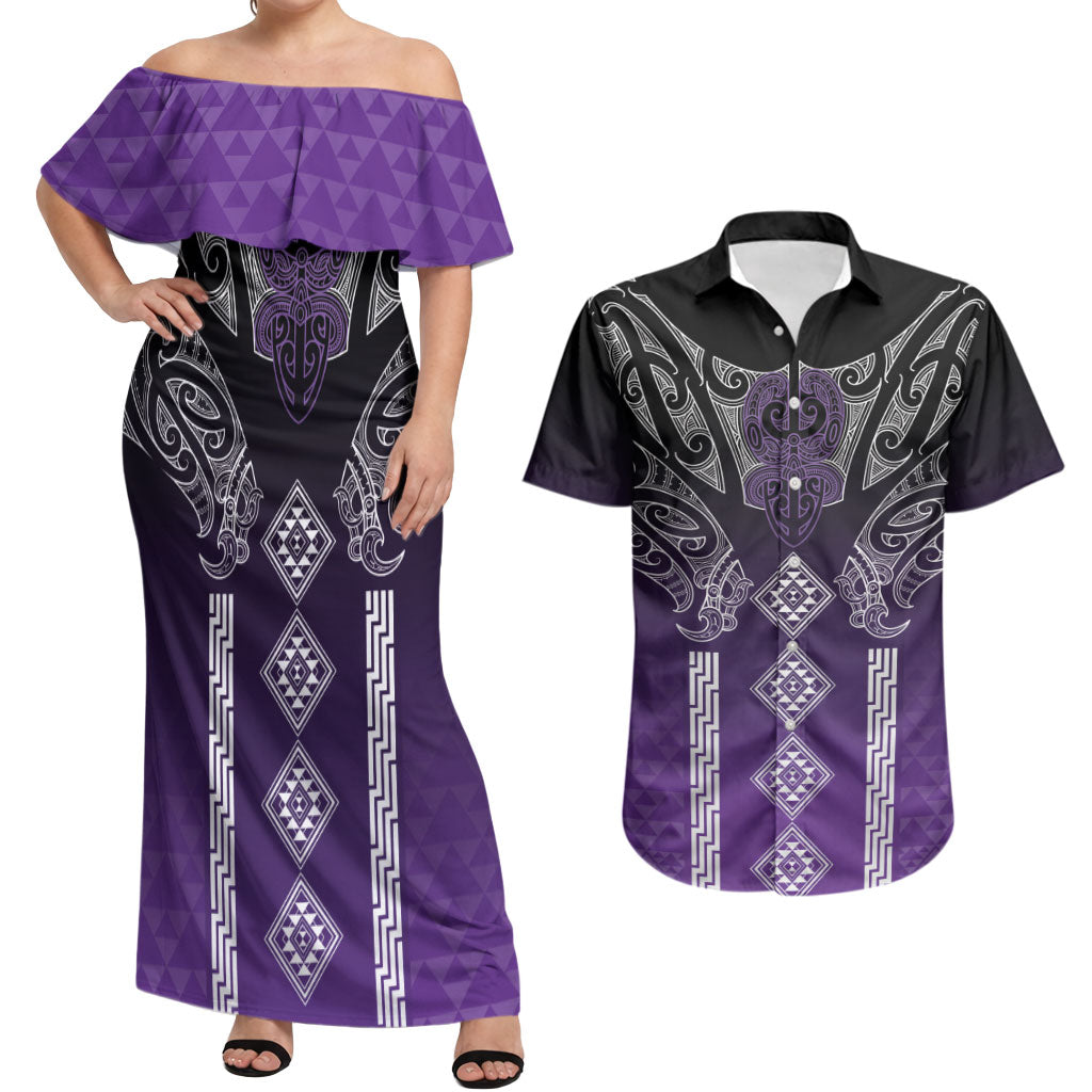 Aotearoa Maori Iwi Heritage Couples Matching Off Shoulder Maxi Dress and Hawaiian Shirt Ngati Porou Waiporoporo