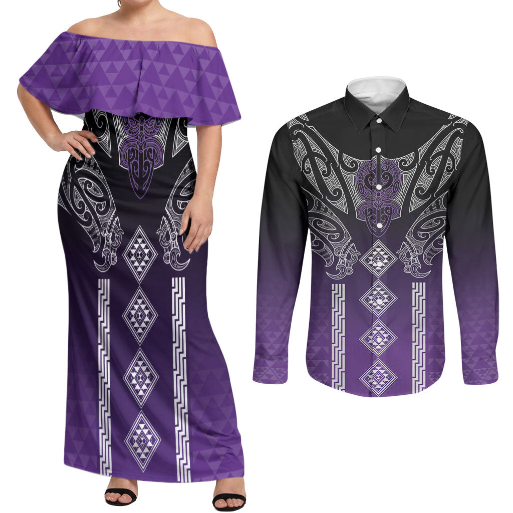 Aotearoa Maori Iwi Heritage Couples Matching Off Shoulder Maxi Dress and Long Sleeve Button Shirt Ngati Porou Waiporoporo