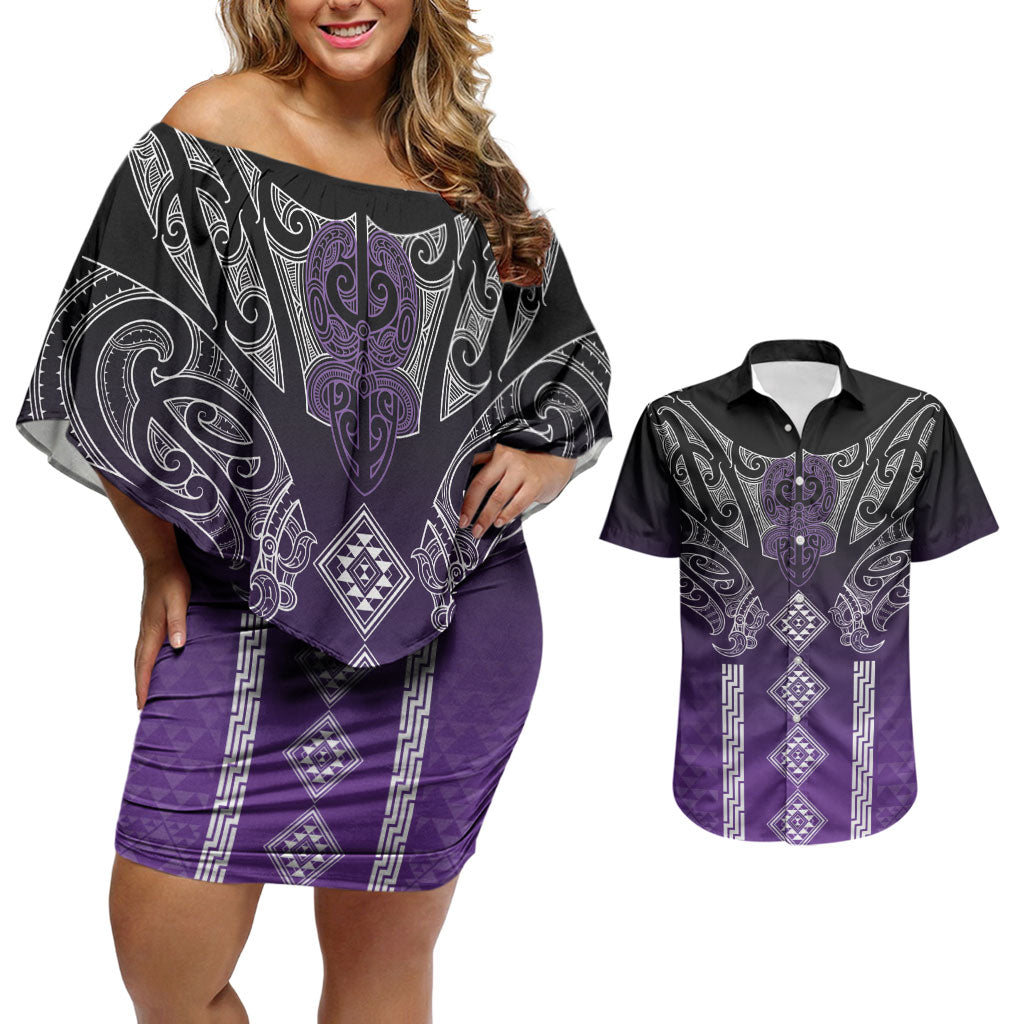 Aotearoa Maori Iwi Heritage Couples Matching Off Shoulder Short Dress and Hawaiian Shirt Ngati Porou Waiporoporo