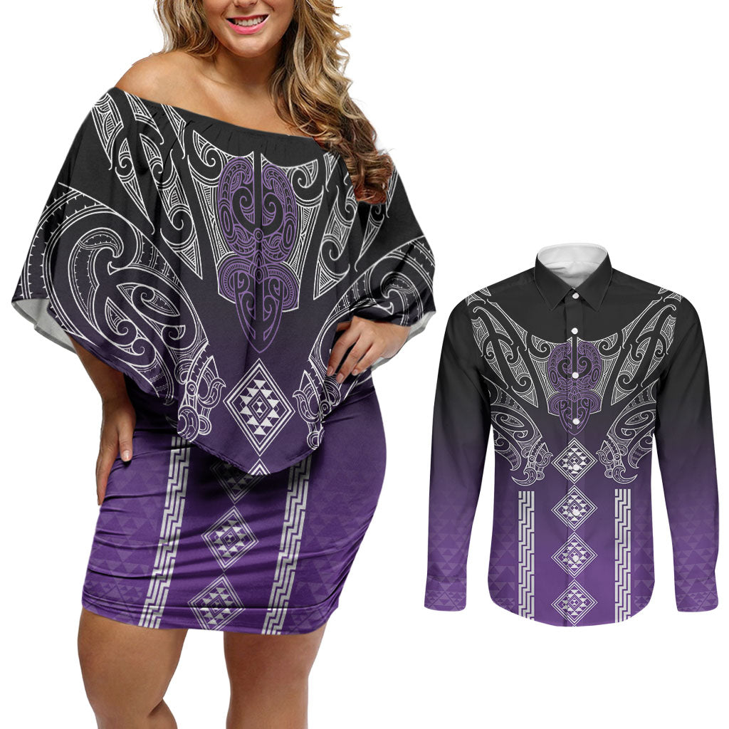 Aotearoa Maori Iwi Heritage Couples Matching Off Shoulder Short Dress and Long Sleeve Button Shirt Ngati Porou Waiporoporo