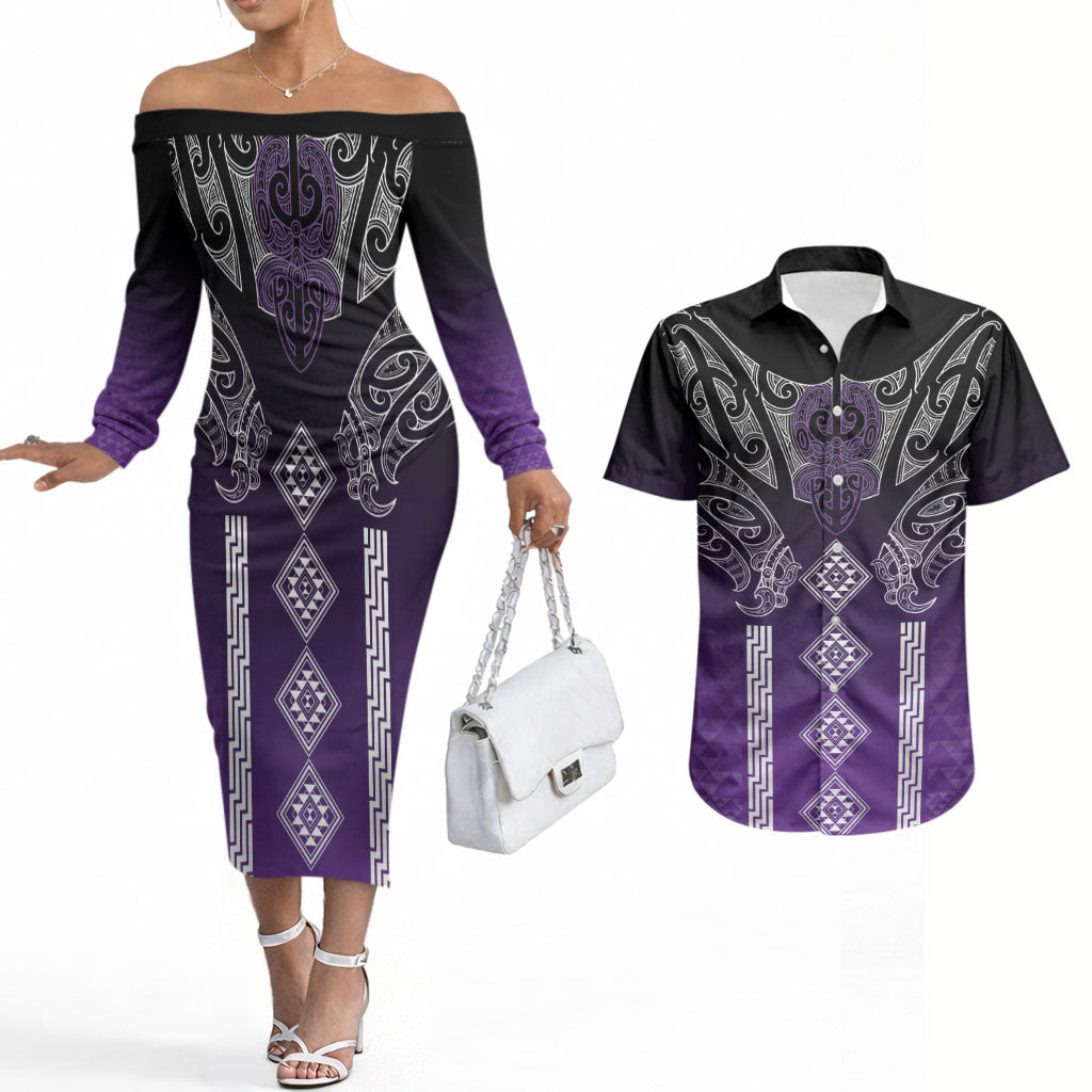 Aotearoa Maori Iwi Heritage Couples Matching Off The Shoulder Long Sleeve Dress and Hawaiian Shirt Ngati Porou Waiporoporo