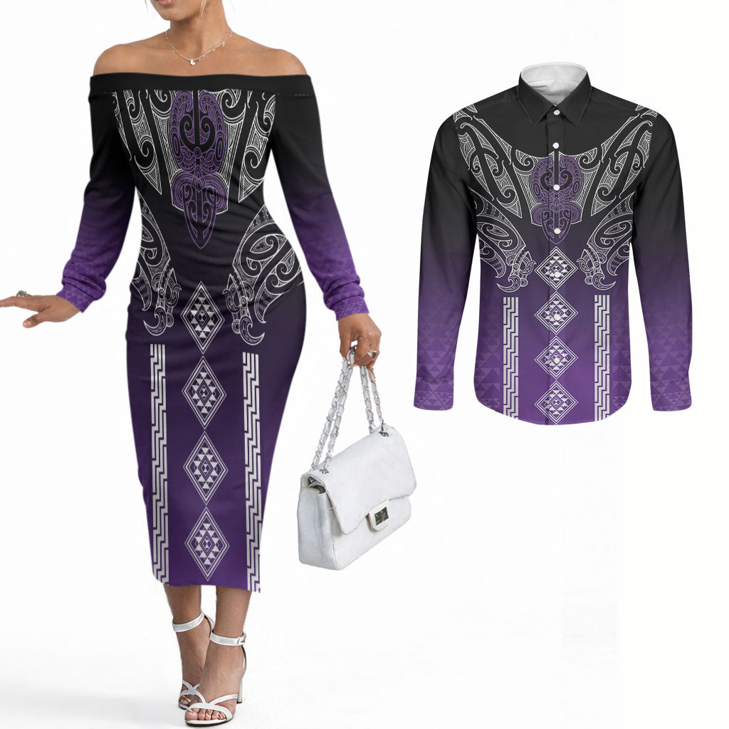 Aotearoa Maori Iwi Heritage Couples Matching Off The Shoulder Long Sleeve Dress and Long Sleeve Button Shirt Ngati Porou Waiporoporo