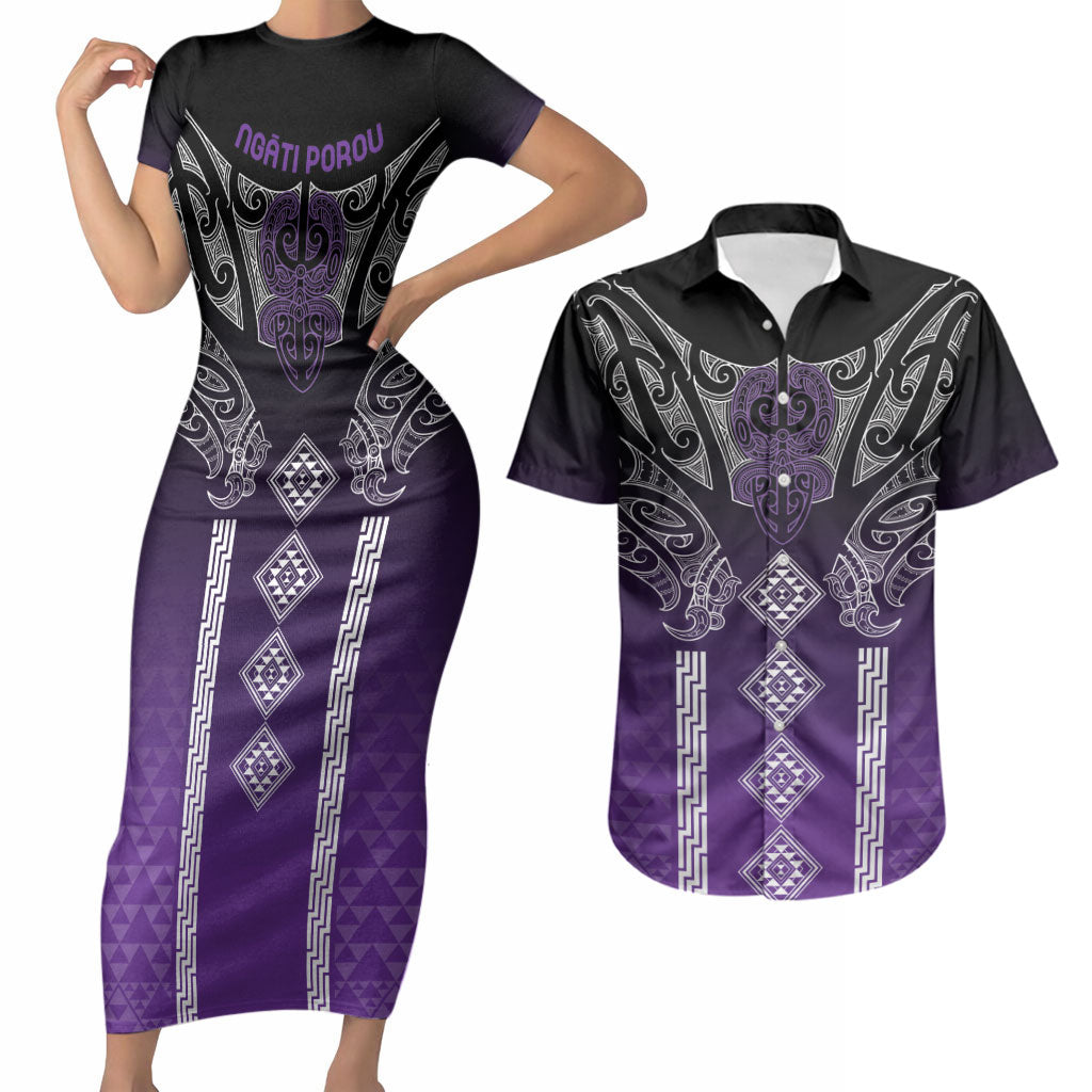 Aotearoa Maori Iwi Heritage Couples Matching Short Sleeve Bodycon Dress and Hawaiian Shirt Ngati Porou Waiporoporo