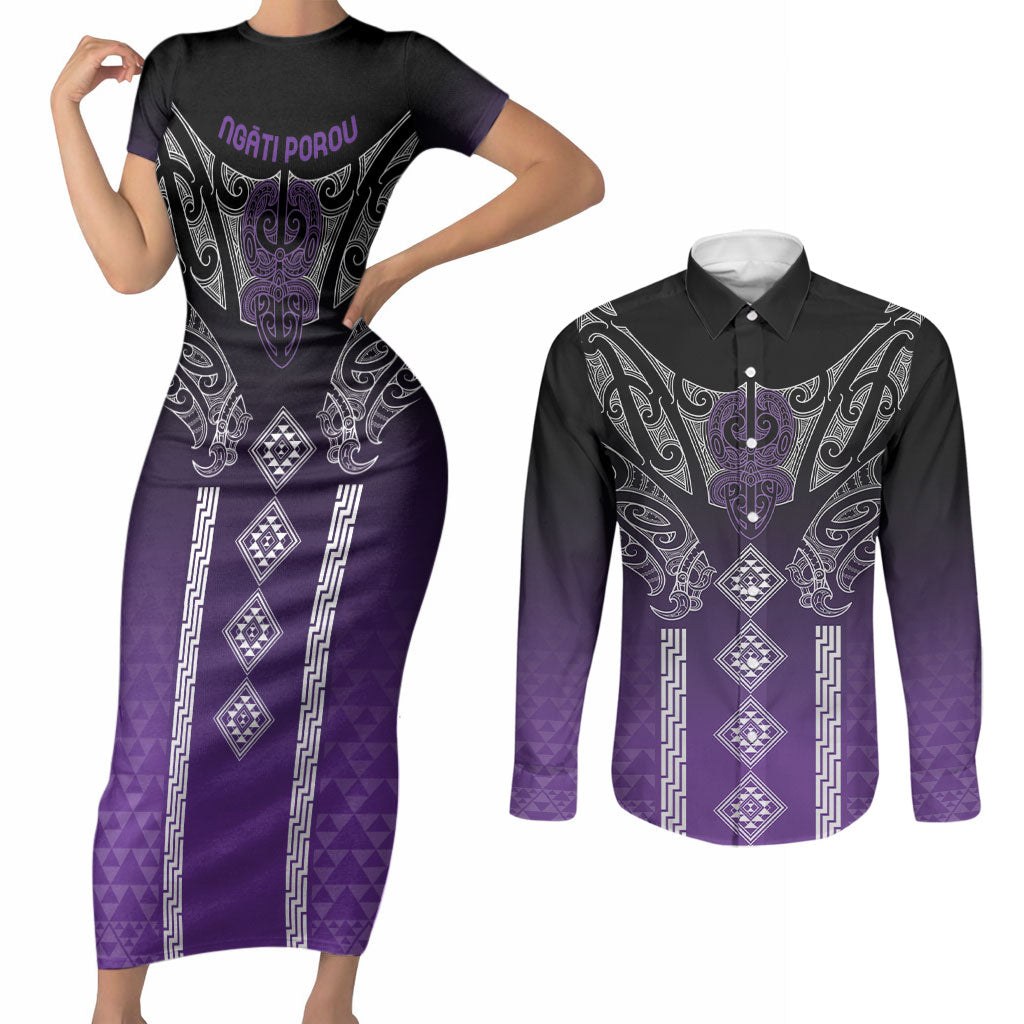 Aotearoa Maori Iwi Heritage Couples Matching Short Sleeve Bodycon Dress and Long Sleeve Button Shirt Ngati Porou Waiporoporo