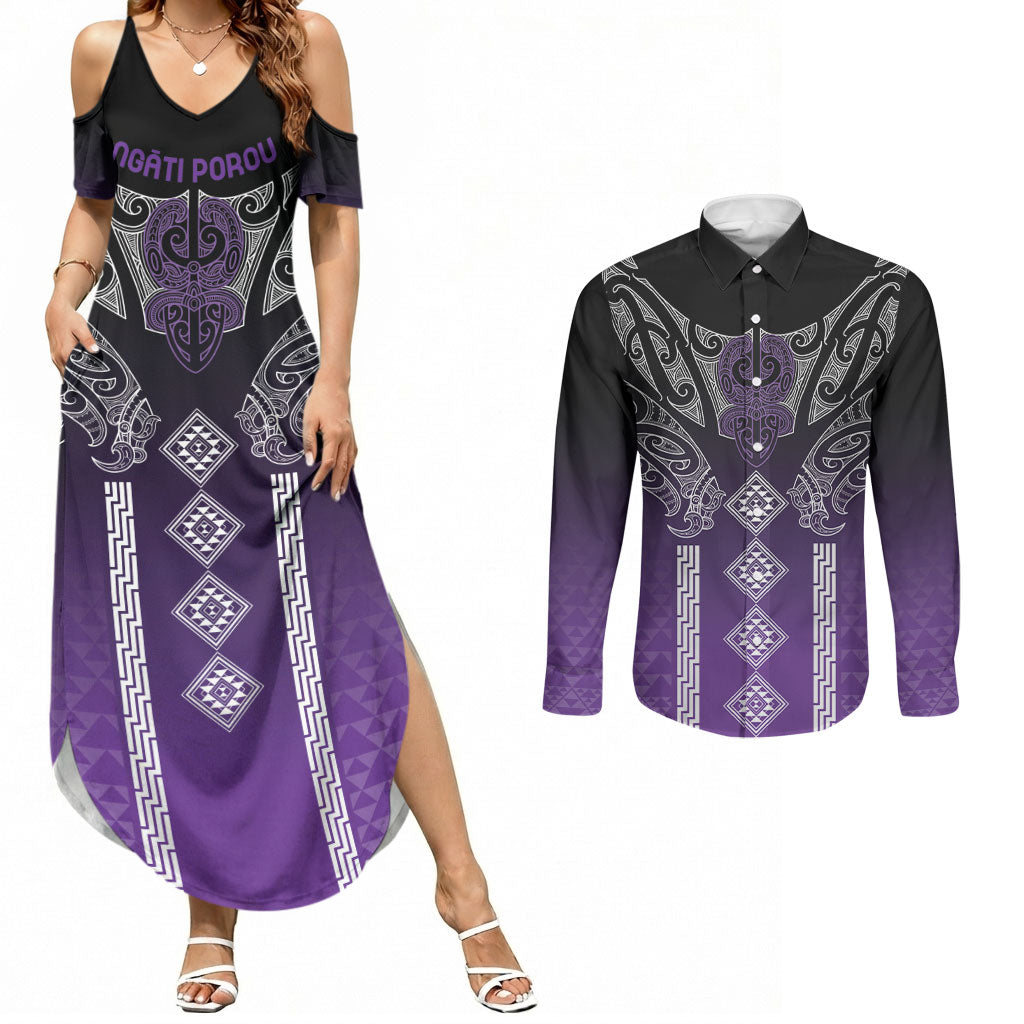 Aotearoa Maori Iwi Heritage Couples Matching Summer Maxi Dress and Long Sleeve Button Shirt Ngati Porou Waiporoporo