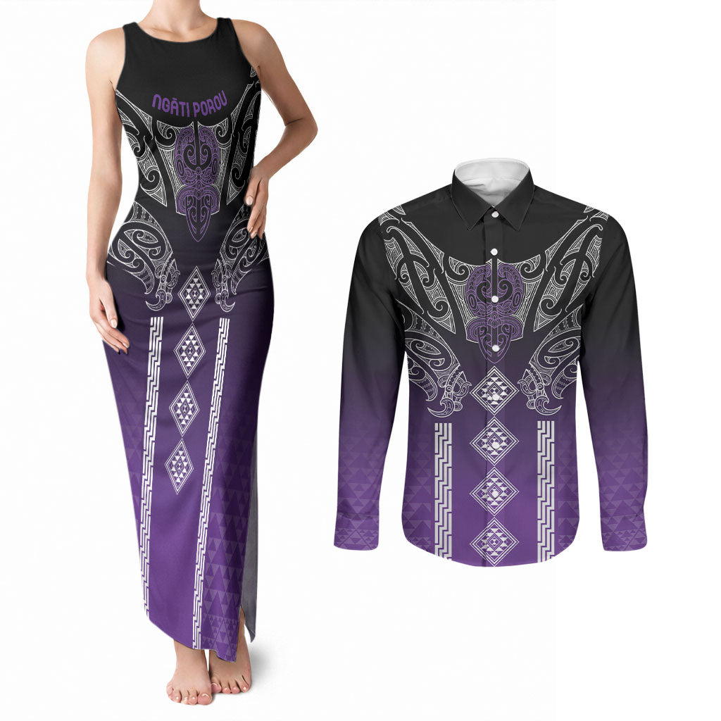 Aotearoa Maori Iwi Heritage Couples Matching Tank Maxi Dress and Long Sleeve Button Shirt Ngati Porou Waiporoporo