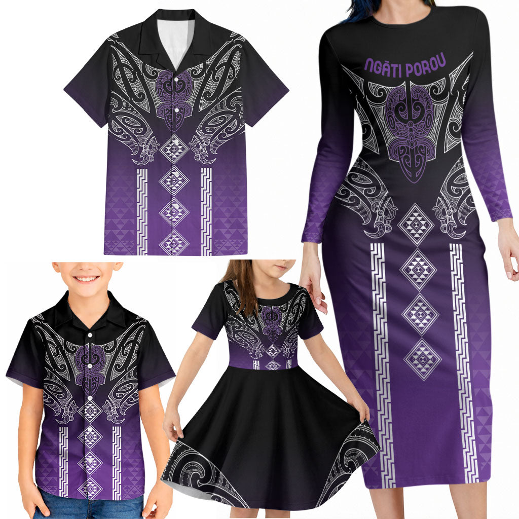 Aotearoa Maori Iwi Heritage Family Matching Long Sleeve Bodycon Dress and Hawaiian Shirt Ngati Porou Waiporoporo