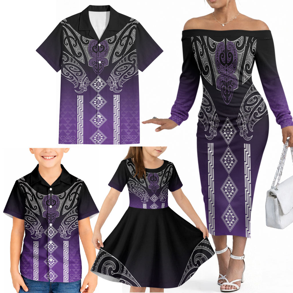 Aotearoa Maori Iwi Heritage Family Matching Off The Shoulder Long Sleeve Dress and Hawaiian Shirt Ngati Porou Waiporoporo