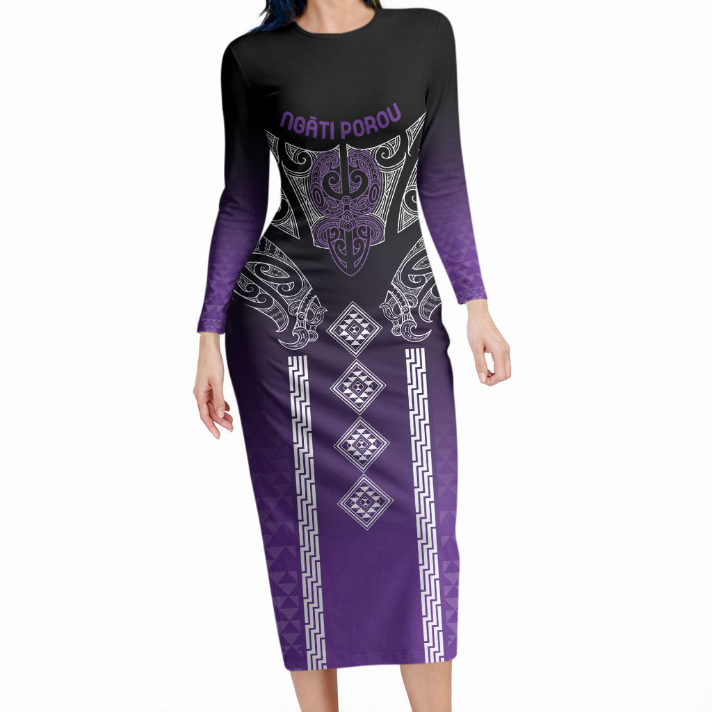 Aotearoa Maori Iwi Heritage Long Sleeve Bodycon Dress Ngati Porou Waiporoporo