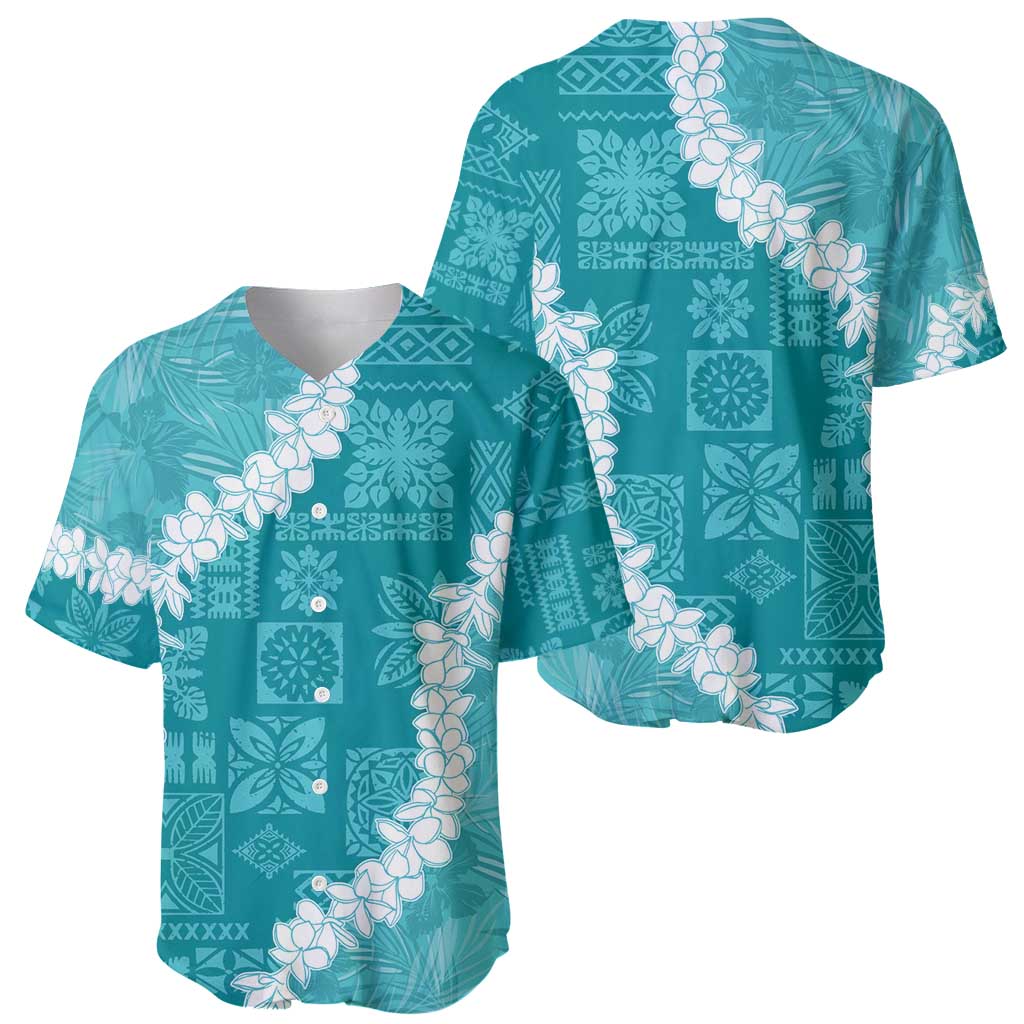 Hawaii Aloha Baseball Jersey Teal Quilt Patch Work Mix Plumeria Lei