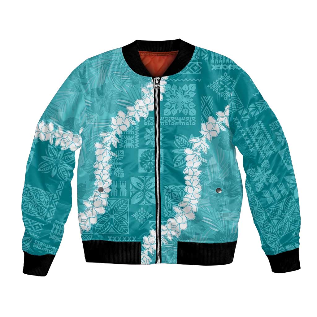 Hawaii Aloha Bomber Jacket Teal Quilt Patch Work Mix Plumeria Lei