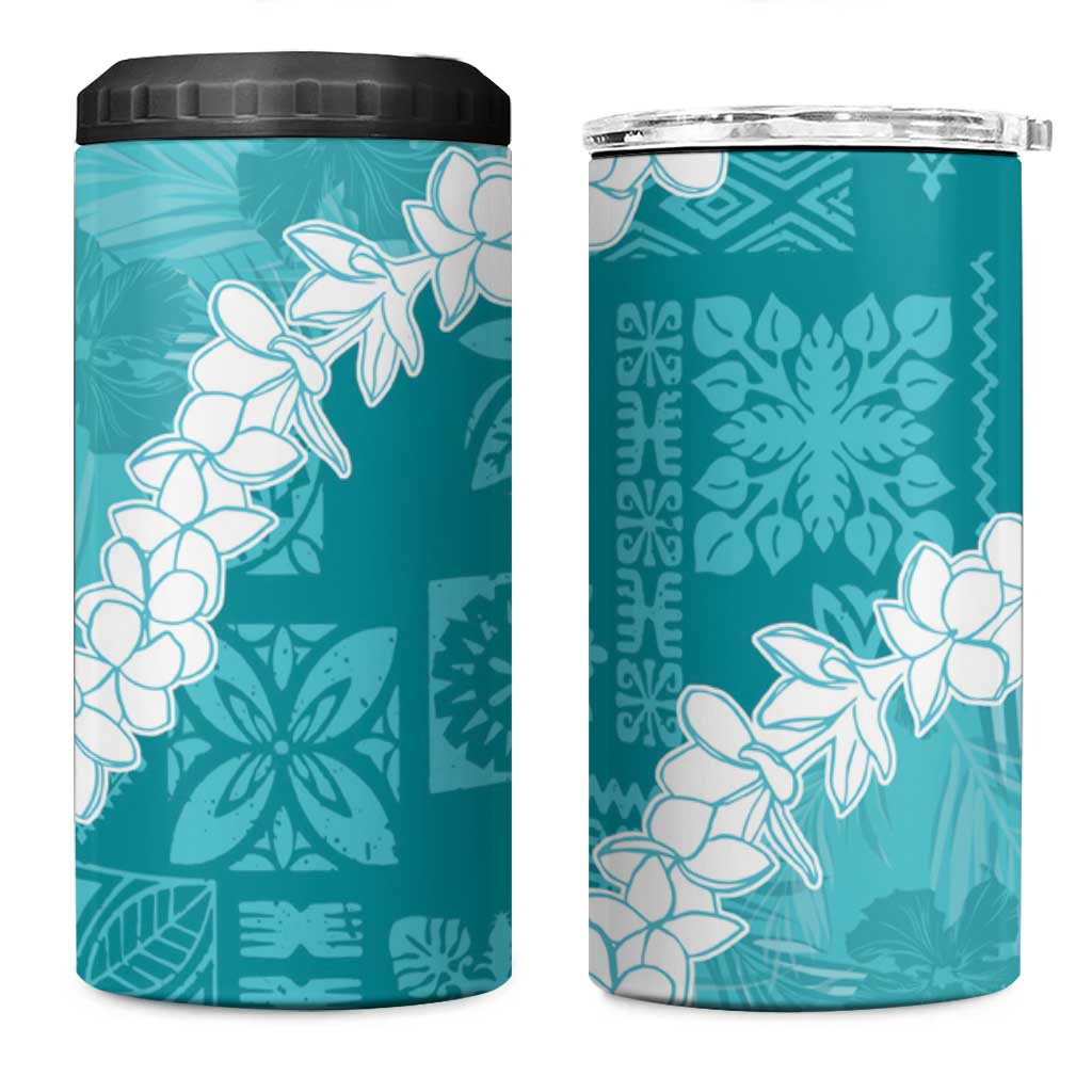 Hawaii Aloha 4 in 1 Can Cooler Tumbler Teal Quilt Patch Work Mix Plumeria Lei