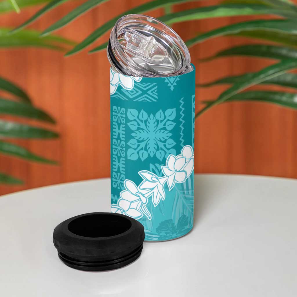 Hawaii Aloha 4 in 1 Can Cooler Tumbler Teal Quilt Patch Work Mix Plumeria Lei