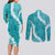 Hawaii Aloha Couples Matching Long Sleeve Bodycon Dress and Long Sleeve Button Shirt Teal Quilt Patch Work Mix Plumeria Lei