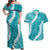 Hawaii Aloha Couples Matching Off Shoulder Maxi Dress and Hawaiian Shirt Teal Quilt Patch Work Mix Plumeria Lei