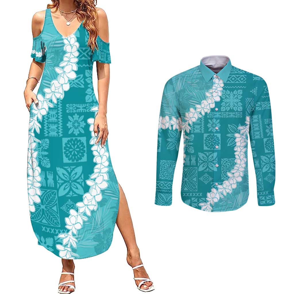 Hawaii Aloha Couples Matching Summer Maxi Dress and Long Sleeve Button Shirt Teal Quilt Patch Work Mix Plumeria Lei