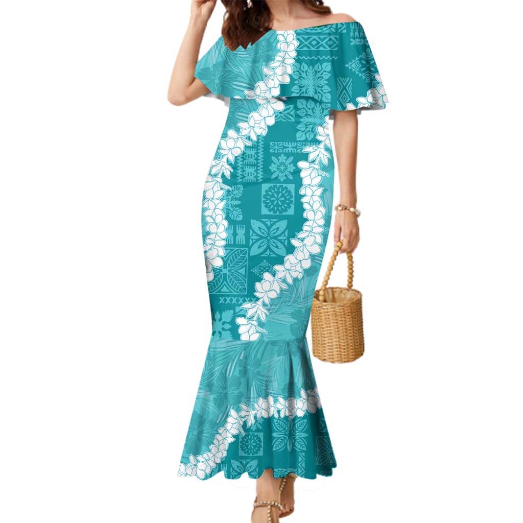 Hawaii Aloha Family Matching Mermaid Dress and Hawaiian Shirt Teal Quilt Patch Work Mix Plumeria Lei