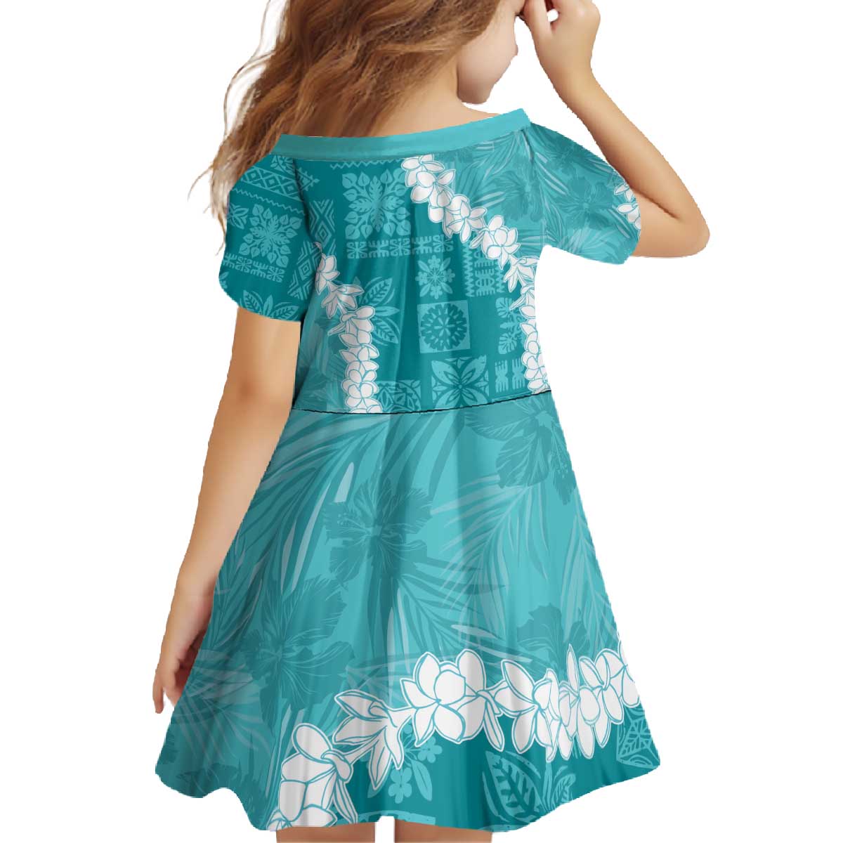 Hawaii Aloha Family Matching Off The Shoulder Long Sleeve Dress and Hawaiian Shirt Teal Quilt Patch Work Mix Plumeria Lei