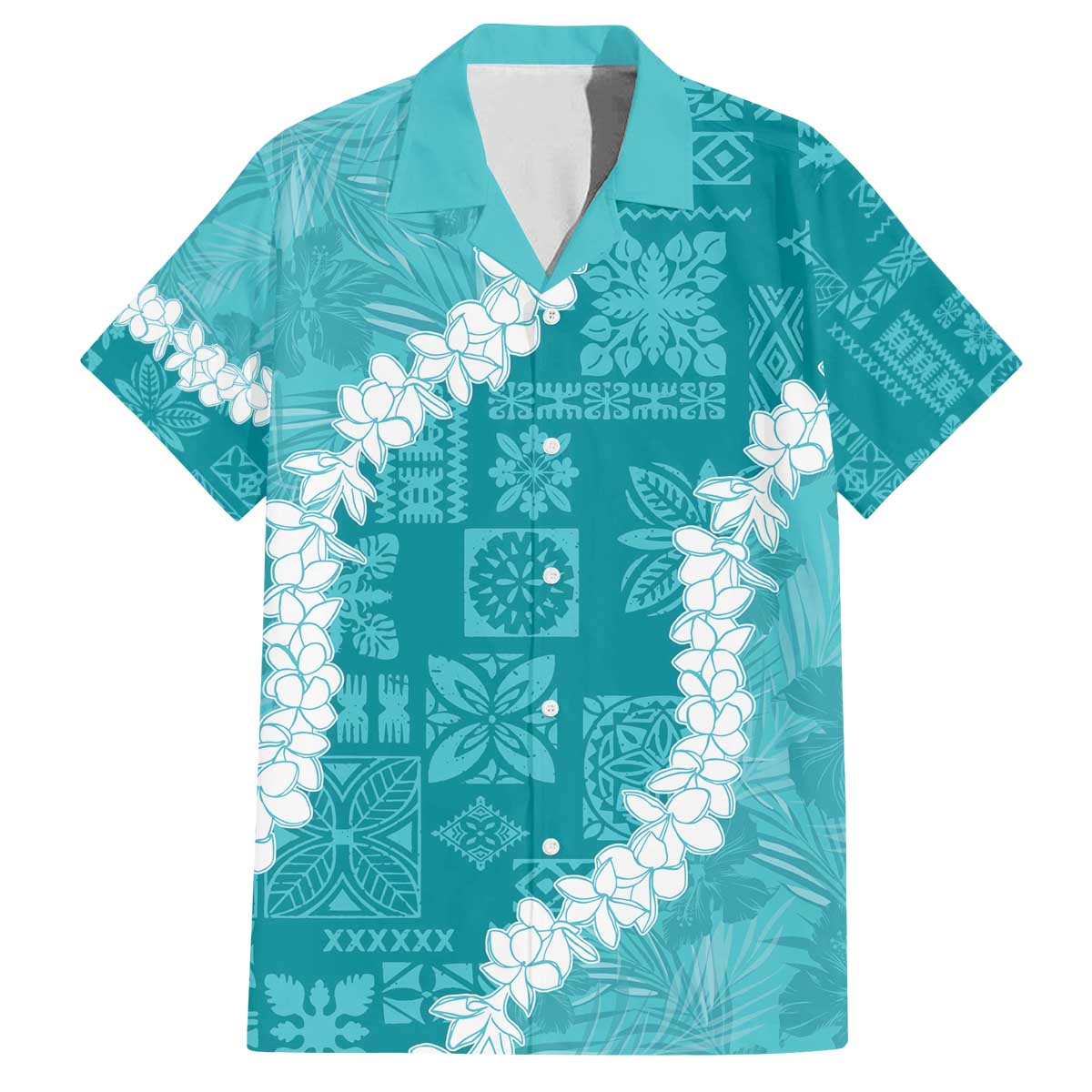Hawaii Aloha Family Matching Off Shoulder Short Dress and Hawaiian Shirt Teal Quilt Patch Work Mix Plumeria Lei