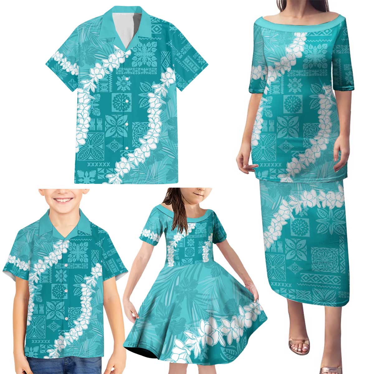 Hawaii Aloha Family Matching Puletasi and Hawaiian Shirt Teal Quilt Patch Work Mix Plumeria Lei