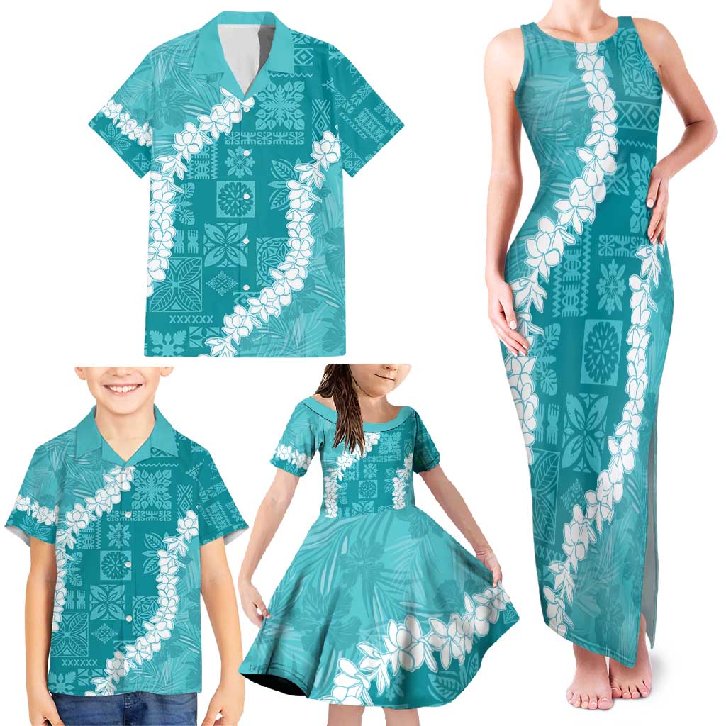 Hawaii Aloha Family Matching Tank Maxi Dress and Hawaiian Shirt Teal Quilt Patch Work Mix Plumeria Lei