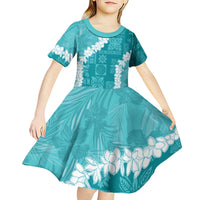 Hawaii Aloha Kid Short Sleeve Dress Teal Quilt Patch Work Mix Plumeria Lei