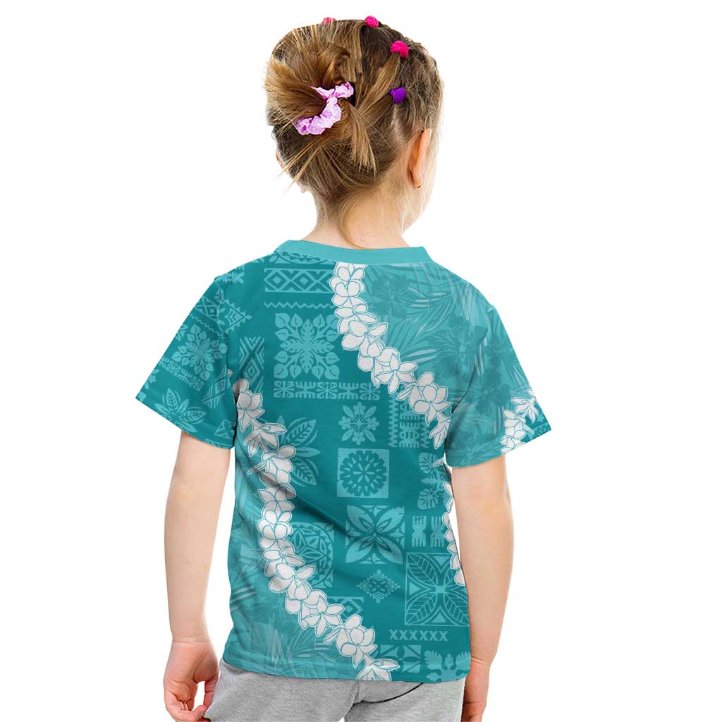 Hawaii Aloha Kid T Shirt Teal Quilt Patch Work Mix Plumeria Lei