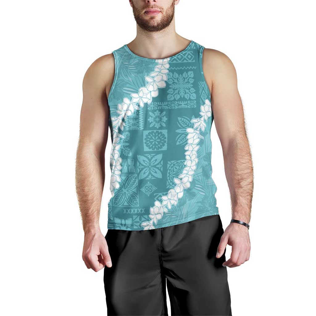 Hawaii Aloha Men Tank Top Teal Quilt Patch Work Mix Plumeria Lei