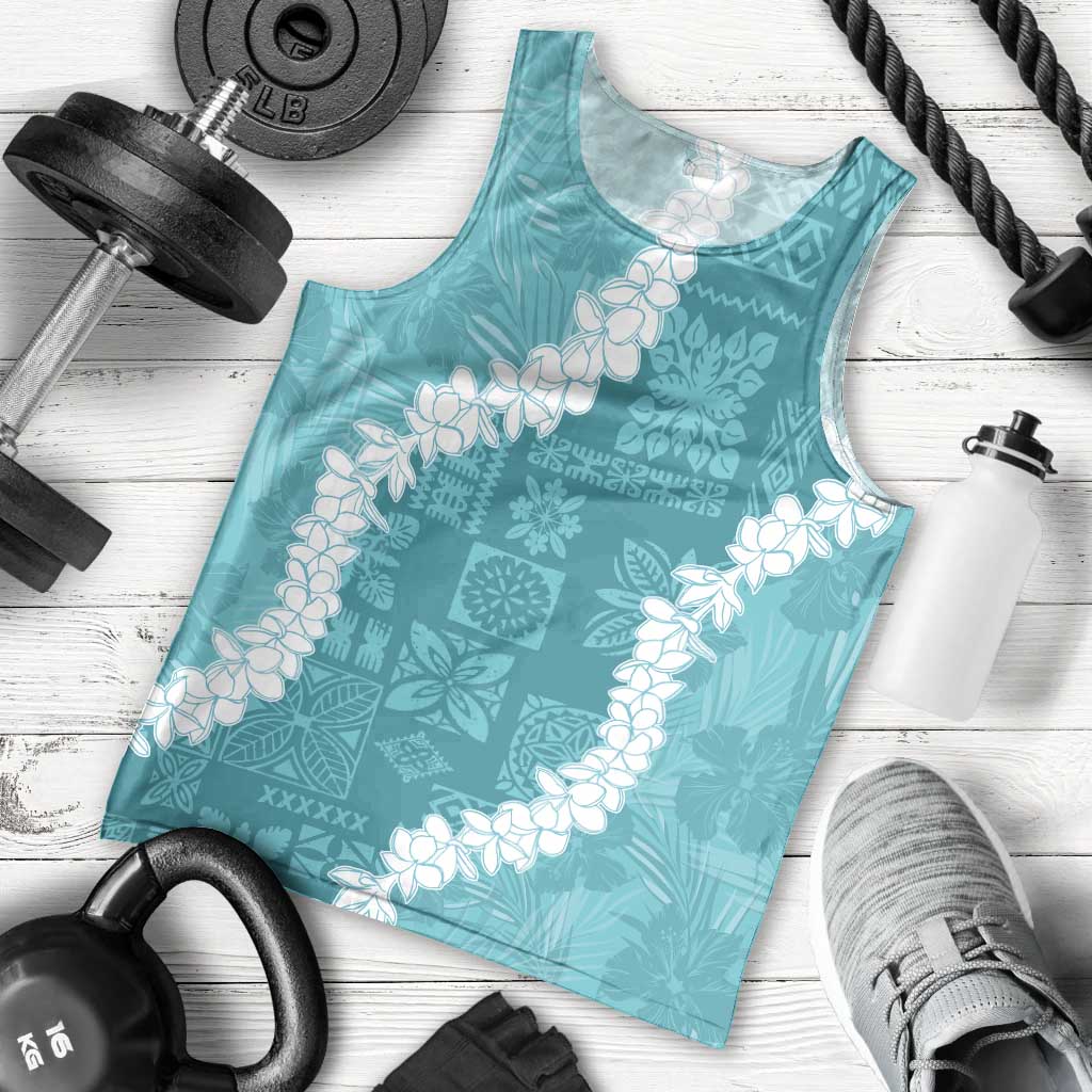 Hawaii Aloha Men Tank Top Teal Quilt Patch Work Mix Plumeria Lei