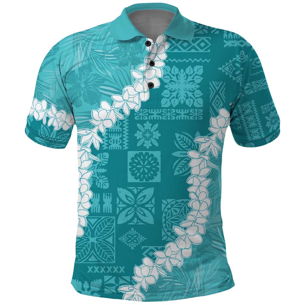 Hawaii Aloha Polo Shirt Teal Quilt Patch Work Mix Plumeria Lei LT7 Teal - Polynesian Pride