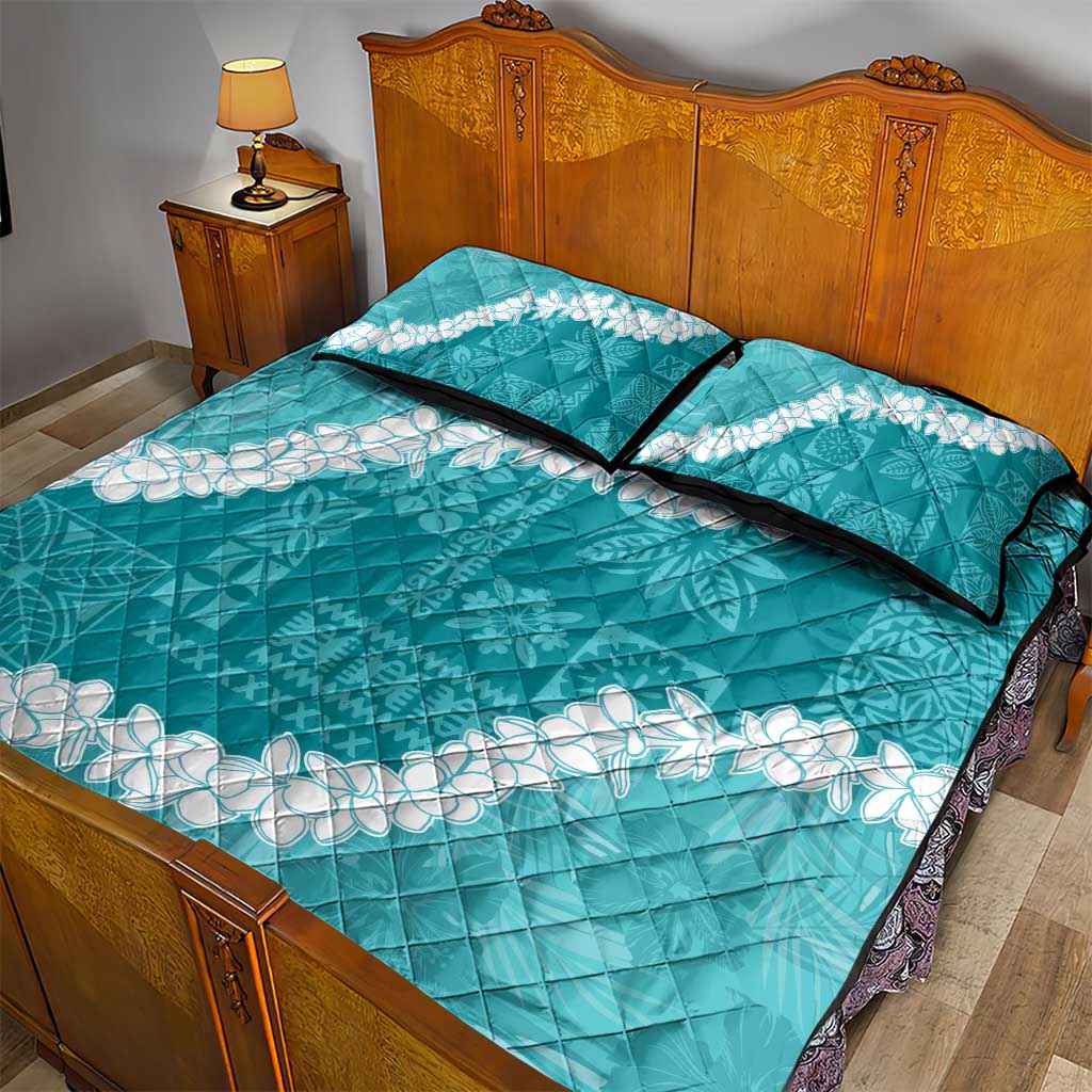 Hawaii Aloha Quilt Bed Set Teal Quilt Patch Work Mix Plumeria Lei