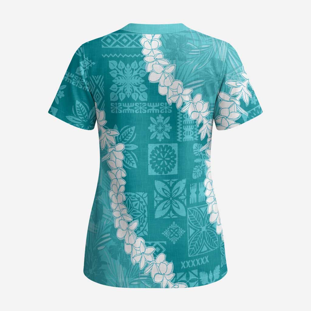 Hawaii Aloha Scrub Top Teal Quilt Patch Work Mix Plumeria Lei - Polynesian Pride