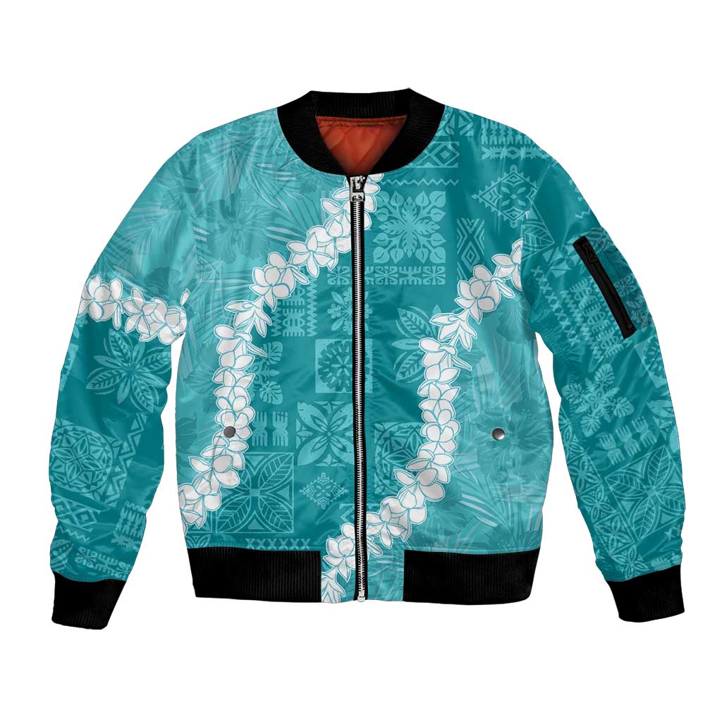 Hawaii Aloha Sleeve Zip Bomber Jacket Teal Quilt Patch Work Mix Plumeria Lei