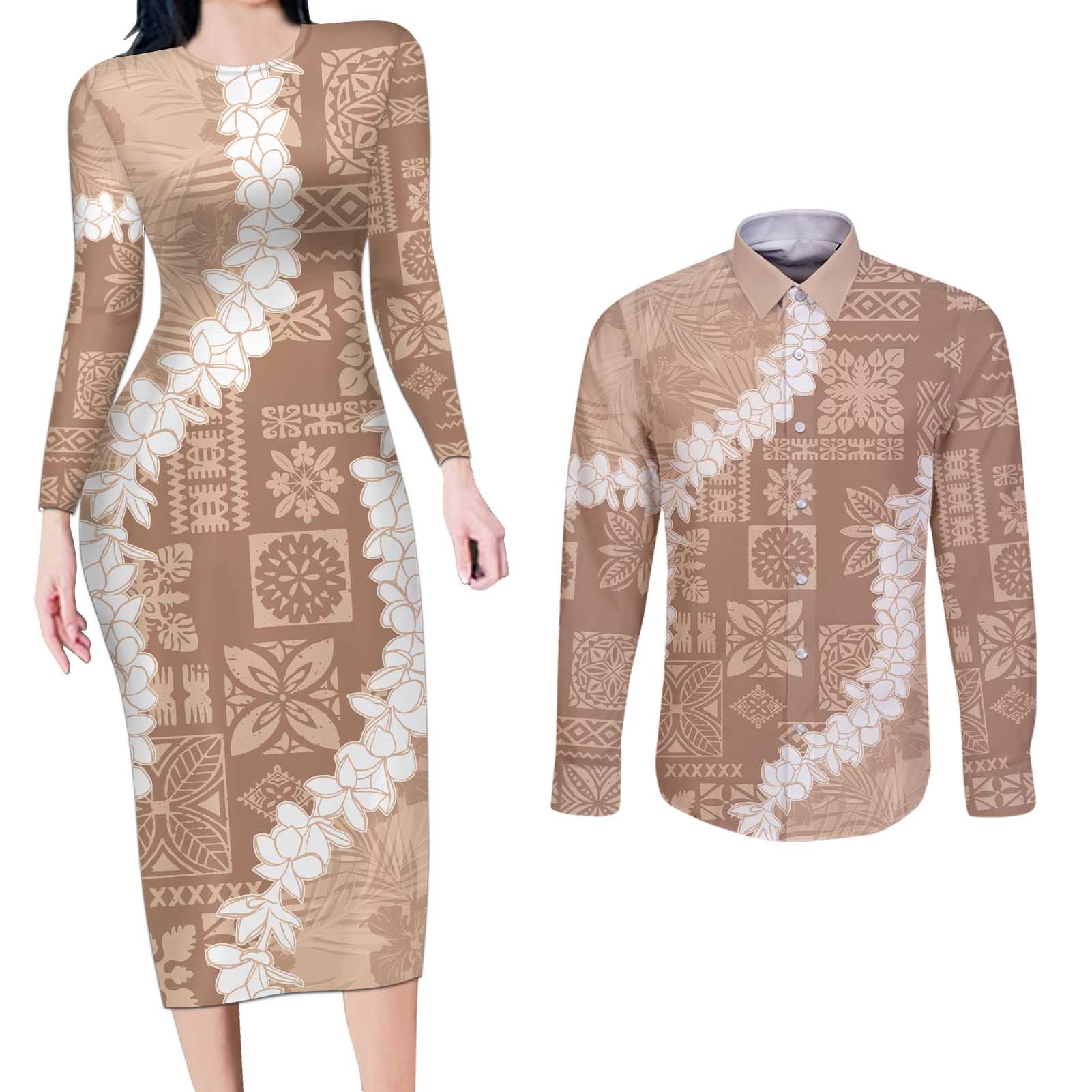 Hawaii Aloha Couples Matching Long Sleeve Bodycon Dress and Long Sleeve Button Shirt Beige Quilt Patch Work Mix Plumeria Lei