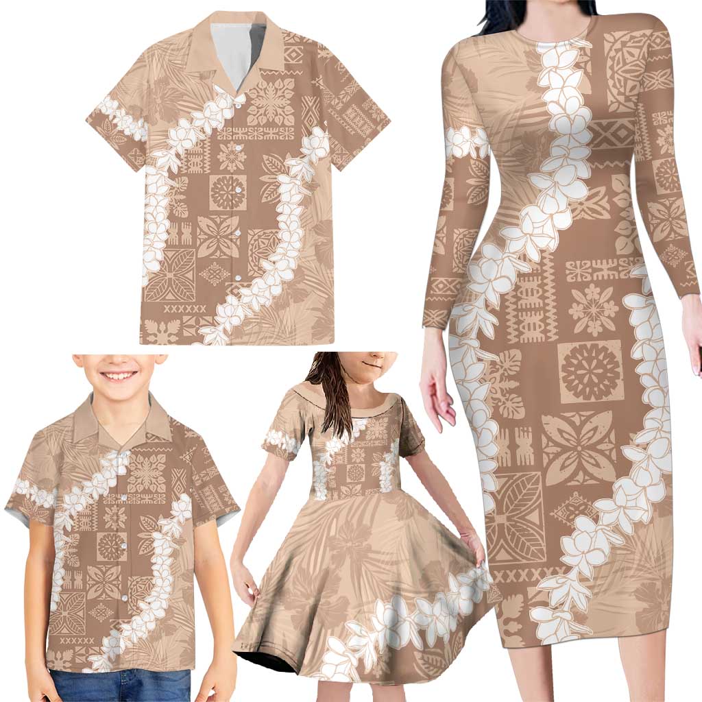 Hawaii Aloha Family Matching Long Sleeve Bodycon Dress and Hawaiian Shirt Beige Quilt Patch Work Mix Plumeria Lei