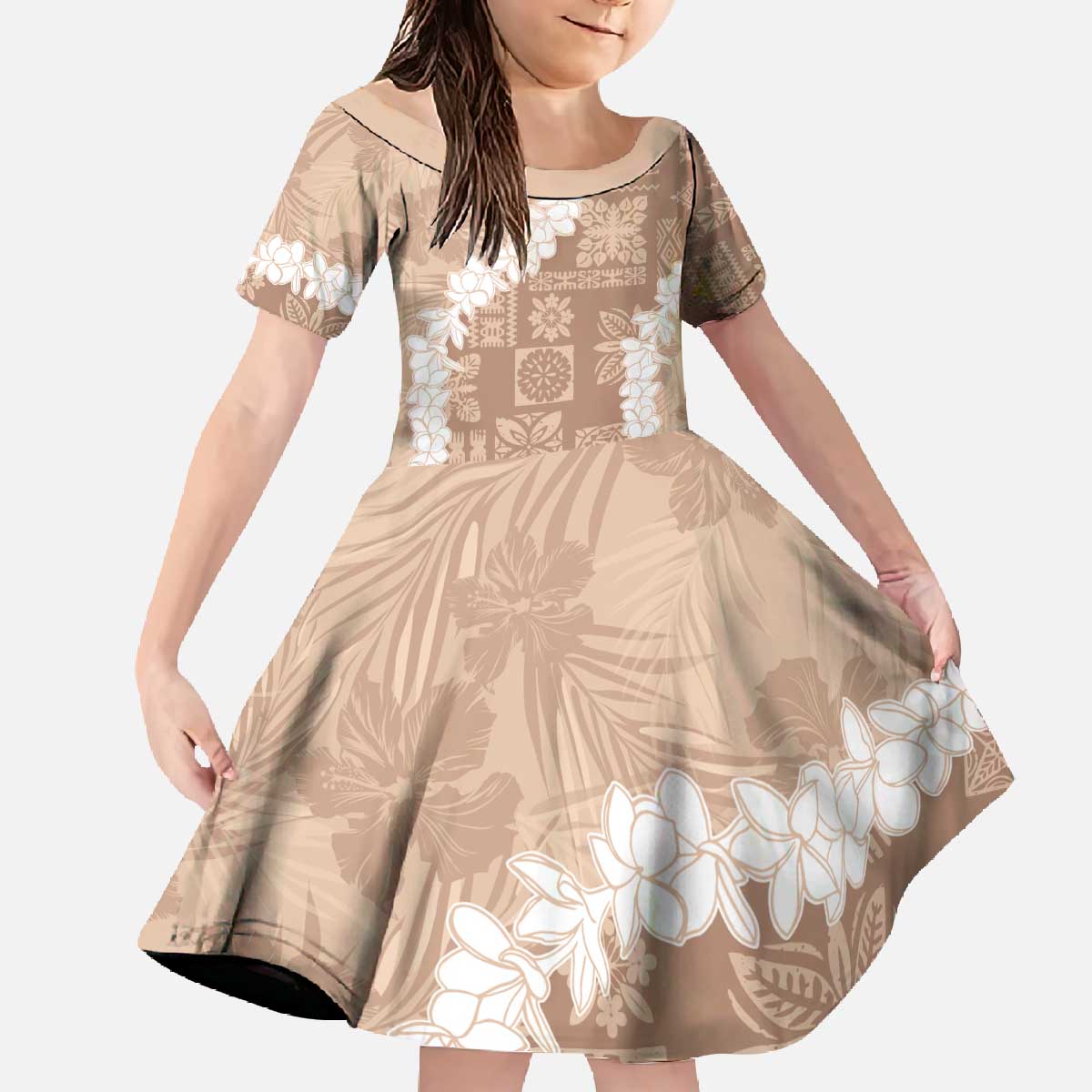 Hawaii Aloha Family Matching Off The Shoulder Long Sleeve Dress and Hawaiian Shirt Beige Quilt Patch Work Mix Plumeria Lei