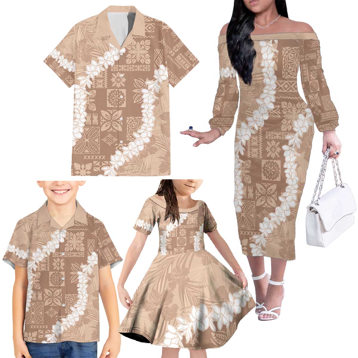 Hawaii Aloha Family Matching Off The Shoulder Long Sleeve Dress and Hawaiian Shirt Beige Quilt Patch Work Mix Plumeria Lei