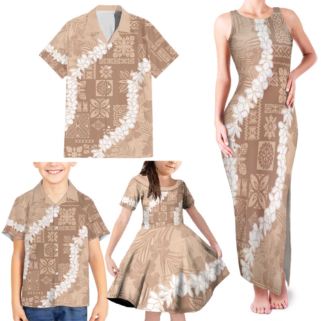 Hawaii Aloha Family Matching Tank Maxi Dress and Hawaiian Shirt Beige Quilt Patch Work Mix Plumeria Lei