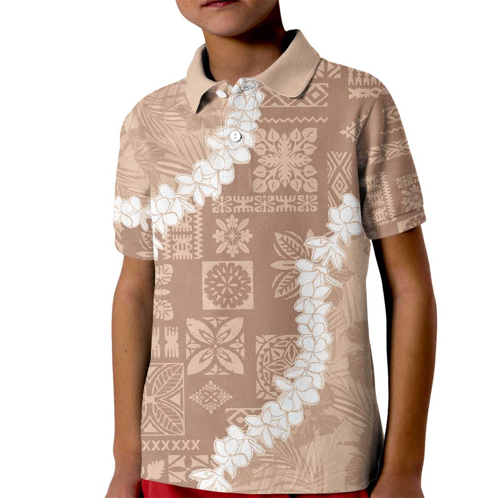 Hawaii Aloha Kid Polo Shirt Beige Quilt Patch Work Mix Plumeria Lei