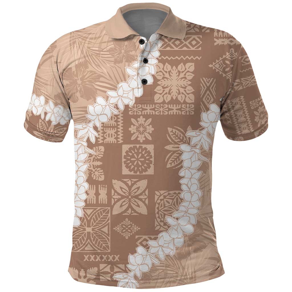 Hawaii Aloha Polo Shirt Beige Quilt Patch Work Mix Plumeria Lei