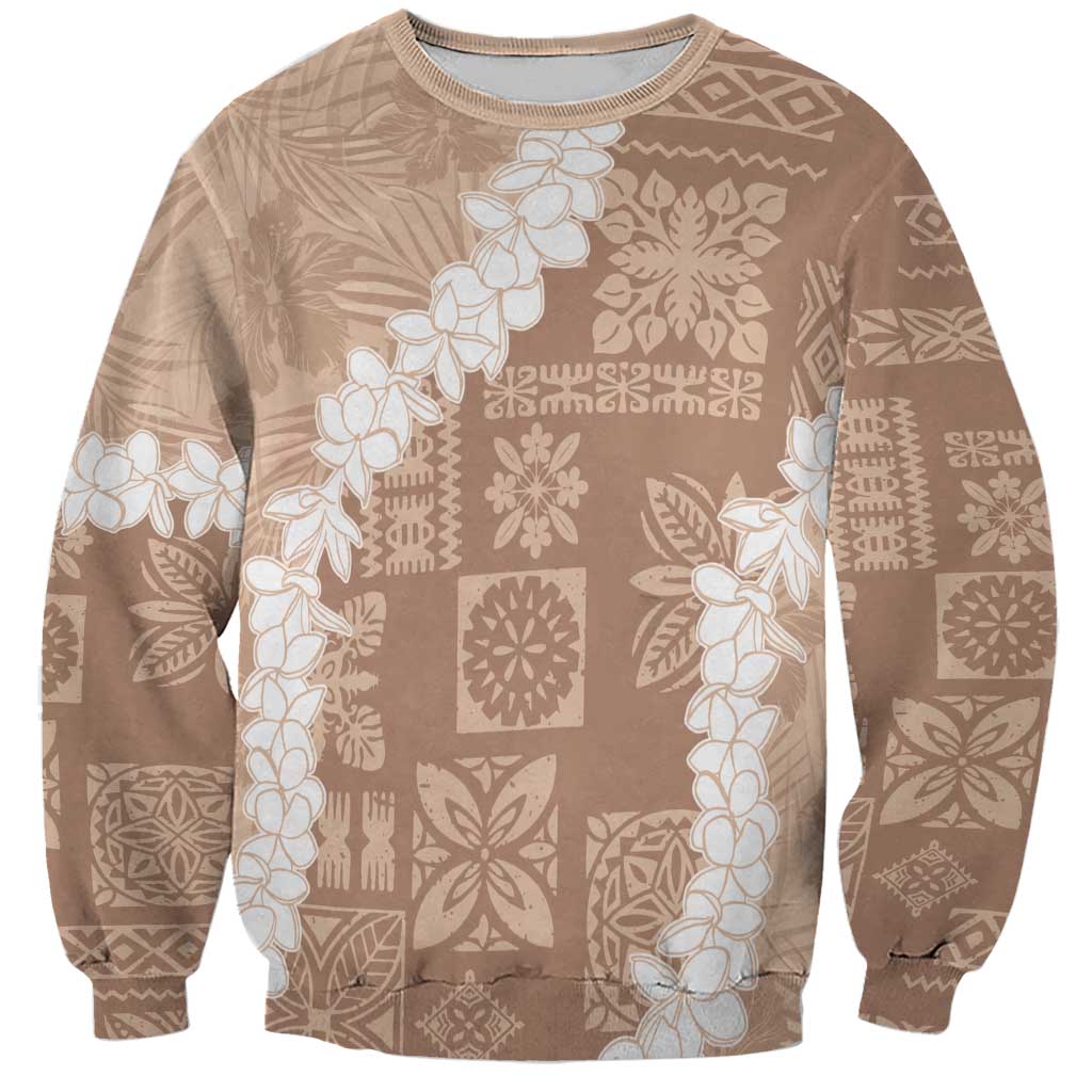 Hawaii Aloha Sweatshirt Beige Quilt Patch Work Mix Plumeria Lei