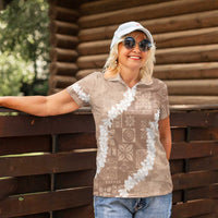 Hawaii Aloha Women Polo Shirt Beige Quilt Patch Work Mix Plumeria Lei