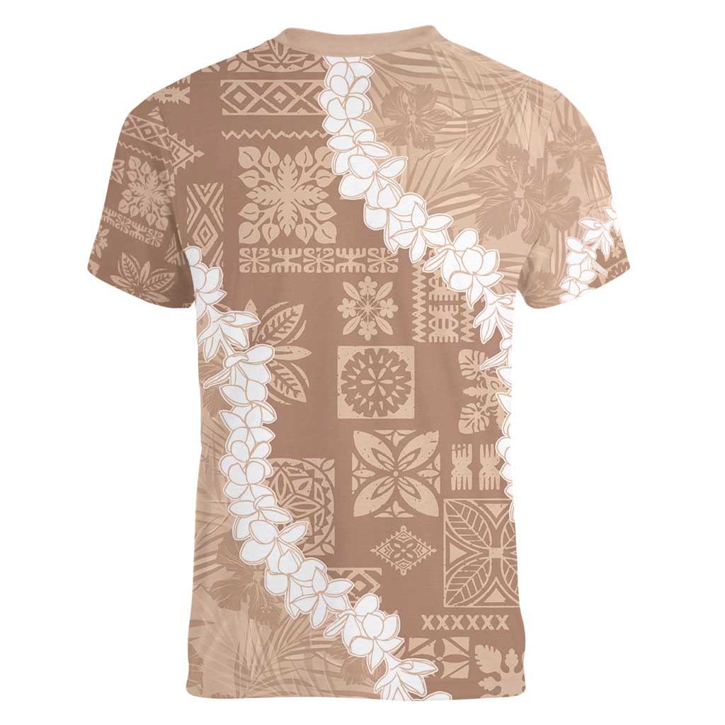 Hawaii Aloha Women V-Neck T-Shirt Beige Quilt Patch Work Mix Plumeria Lei