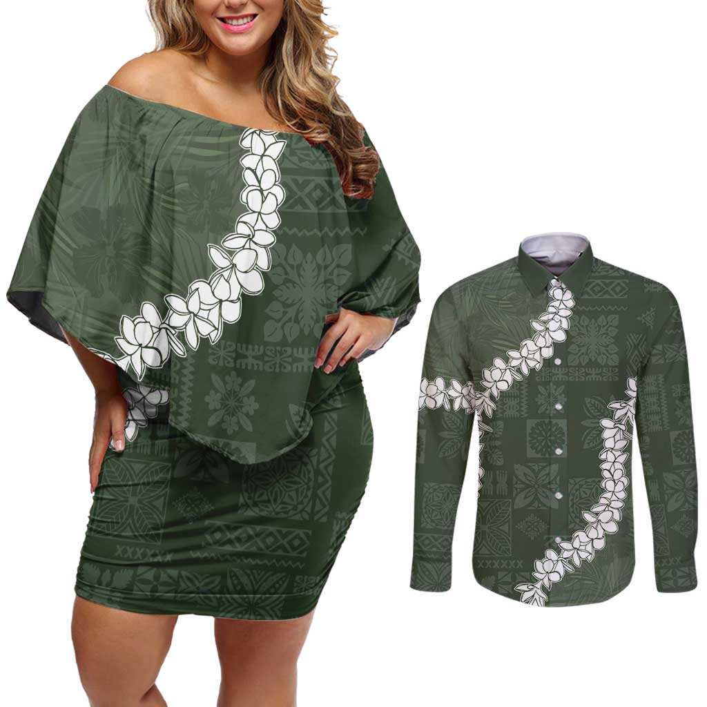 Hawaii Aloha Couples Matching Off Shoulder Short Dress and Long Sleeve Button Shirt Sage Quilt Patch Work Mix Plumeria Lei